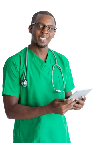 A doctor holding a phone